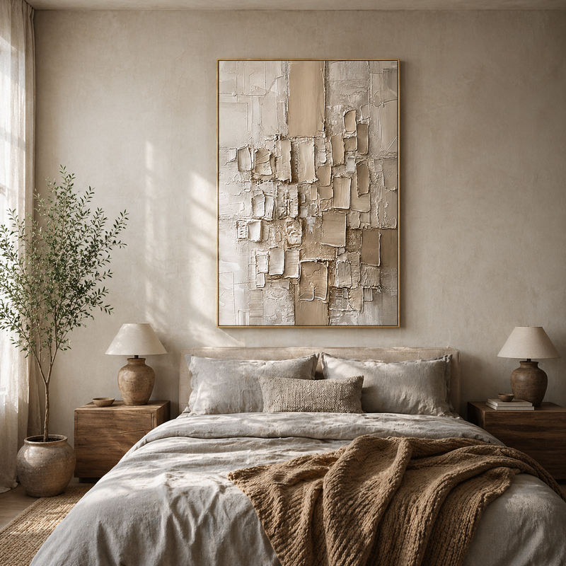 "Grounded Form" – Modern 3D Heavy Impasto Geometric Relief | Neutral Vertical Statement Art