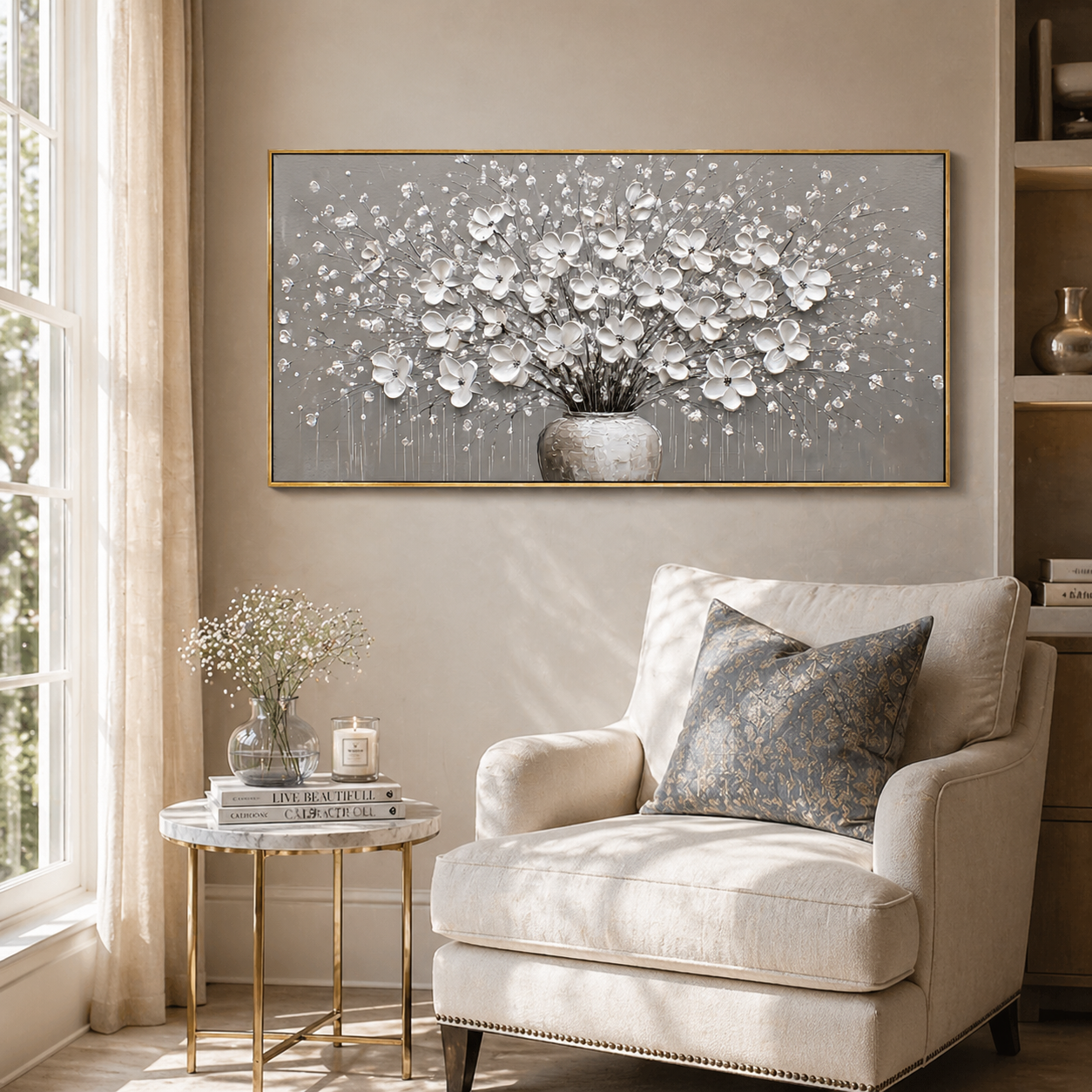 "Silver Harmony" – Modern 3D Heavy Impasto White Floral Still Life | Elegant Neutral Statement Art
