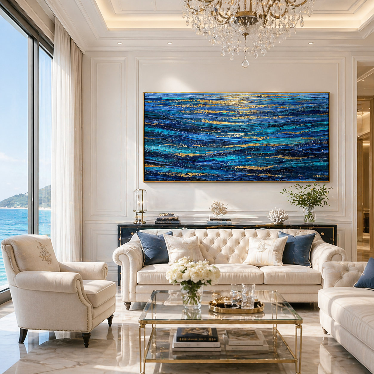 "Luminous Tides" – Extreme 3D Heavy Impasto Ocean Abstract | Gilded Coastal Statement Art