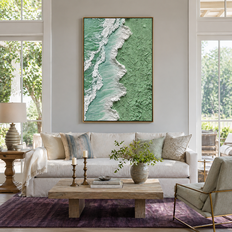 "Sage Surf" – Extreme 3D Heavy Impasto Coastal Abstract | Vertical Sage & White Statement Art