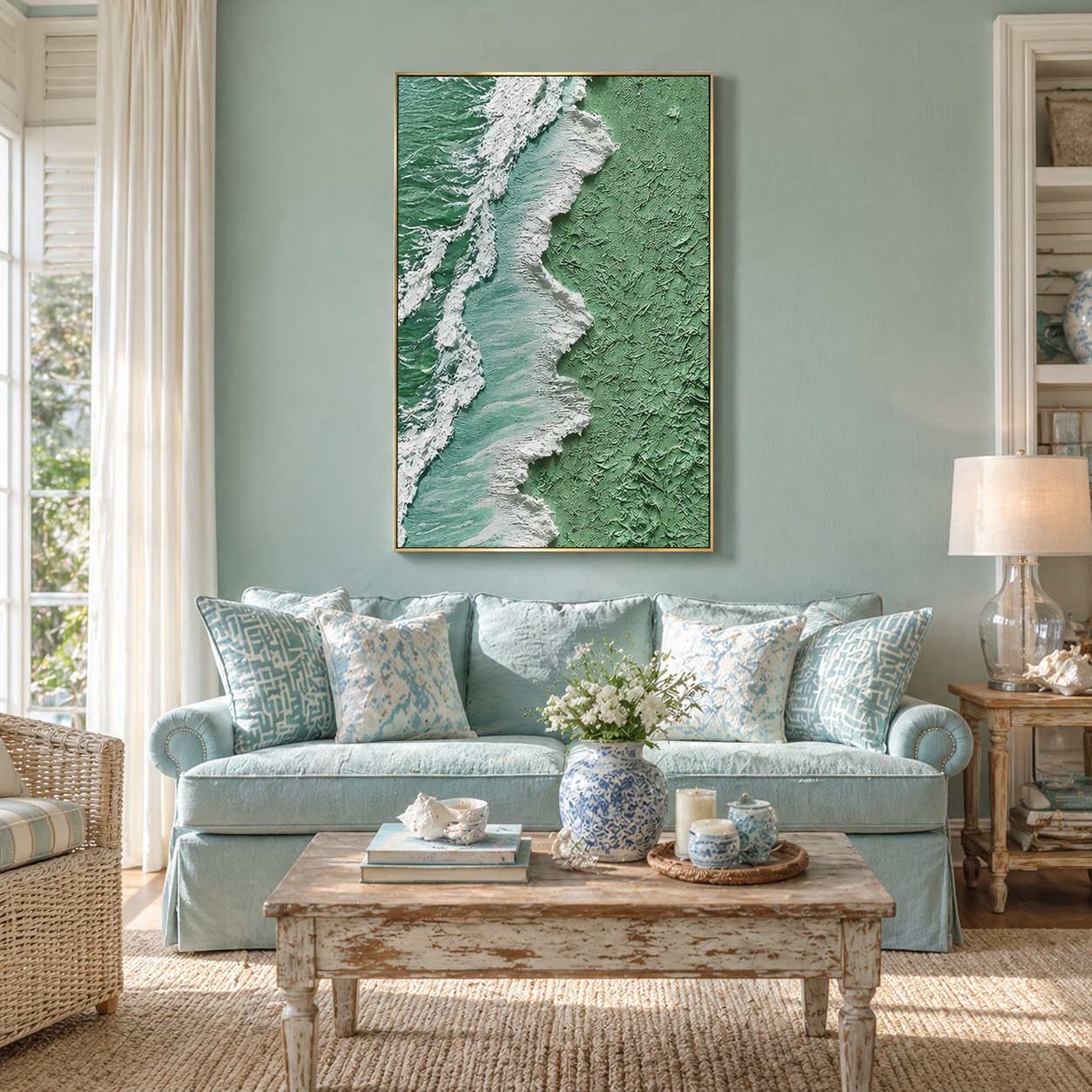 "Sage Surf" – Extreme 3D Heavy Impasto Coastal Abstract | Vertical Sage & White Statement Art