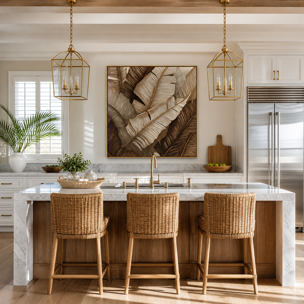 "Bronze Canopy" – Modern Linear Tropical Banana Leaf Canvas | Sophisticated Organic Wall Art