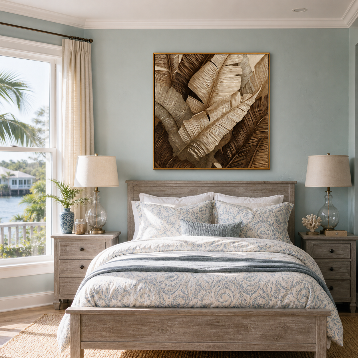 "Bronze Canopy" – Modern Linear Tropical Banana Leaf Canvas | Sophisticated Organic Wall Art