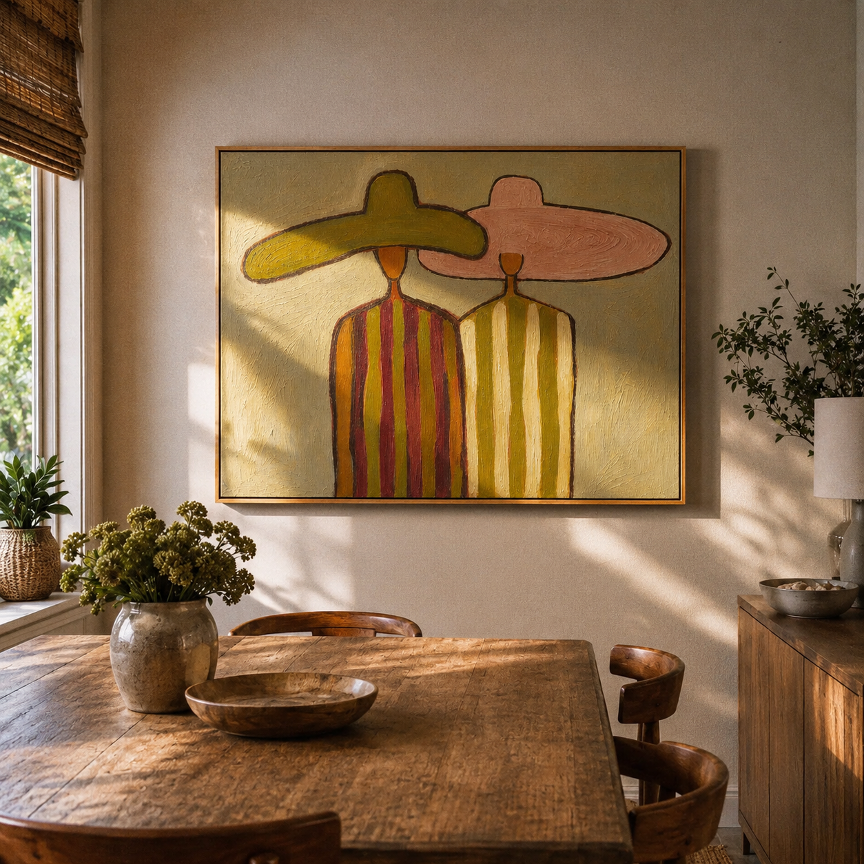 "Striped Sombrero Pair" – Modern Heavy Impasto Folk Art | 3D Olive & Blush Palette Knife Painting | Luxury Horizontal Wall Art #PE 020