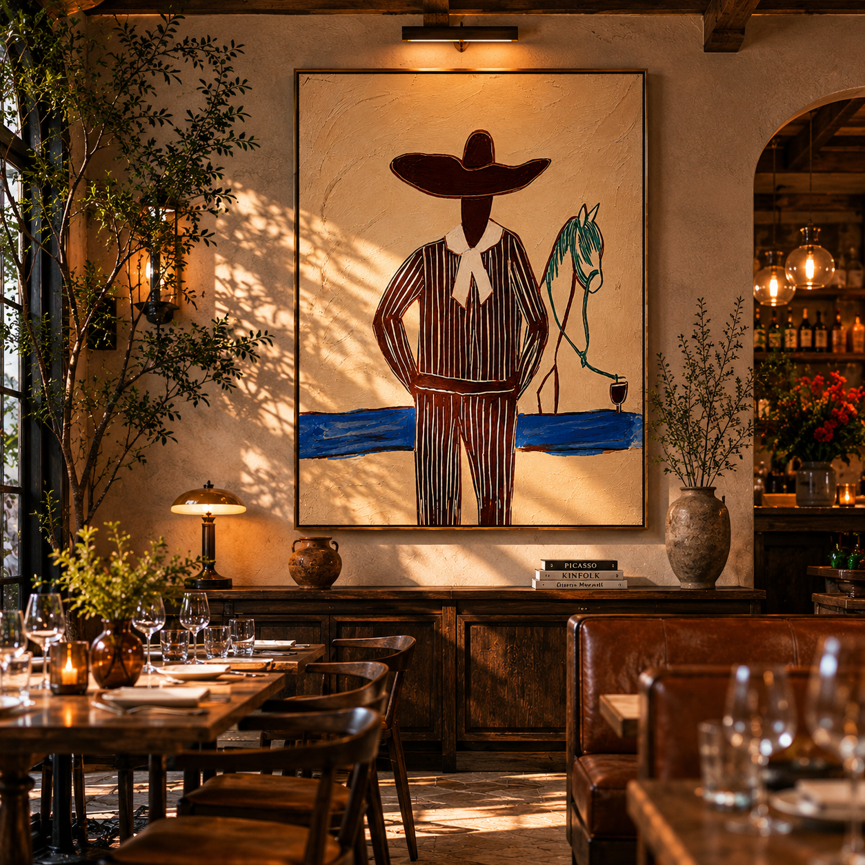 "The Charro & His Steed" – Modern Heavy Impasto Folk Western Art | 3D Sepia & Turquoise Palette Knife Painting | Luxury Vertical Wall Art #PT 021