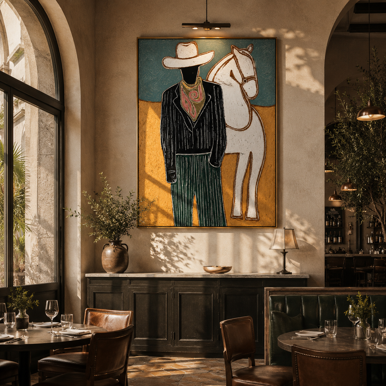 "The Dapper Cowboy & His Steed" – Modern Heavy Impasto Western Art | 3D Teal & Ochre Palette Knife Painting | Luxury Vertical Wall Art #PT 023