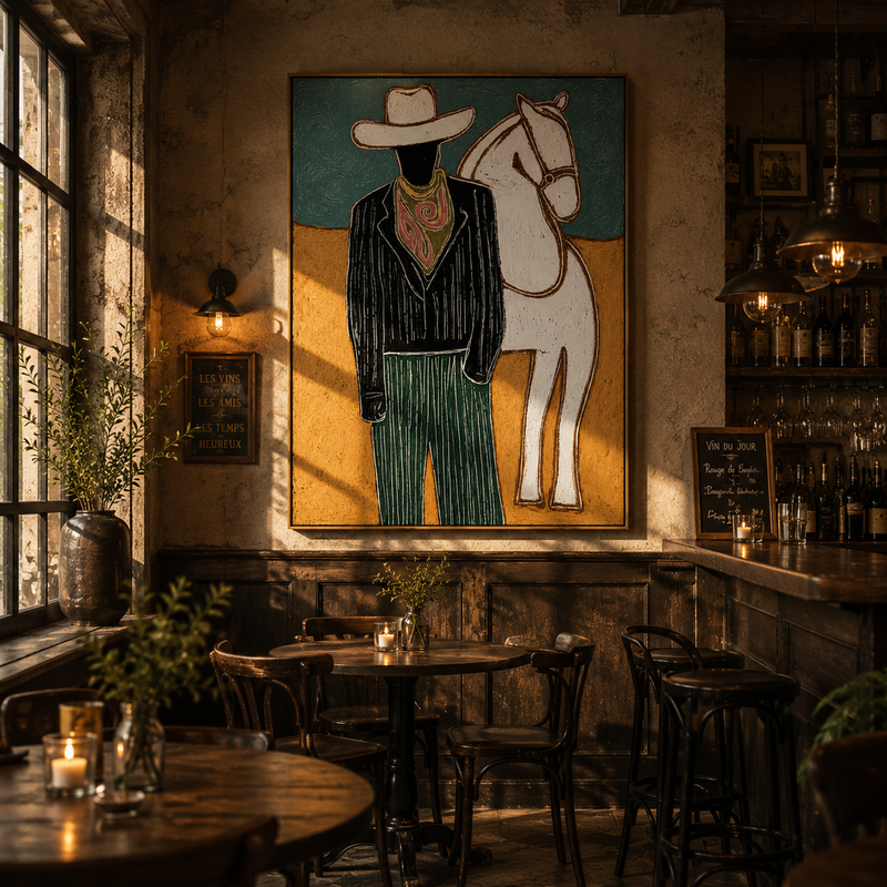 "The Dapper Cowboy & His Steed" – Modern Heavy Impasto Western Art | 3D Teal & Ochre Palette Knife Painting | Luxury Vertical Wall Art #PT 023