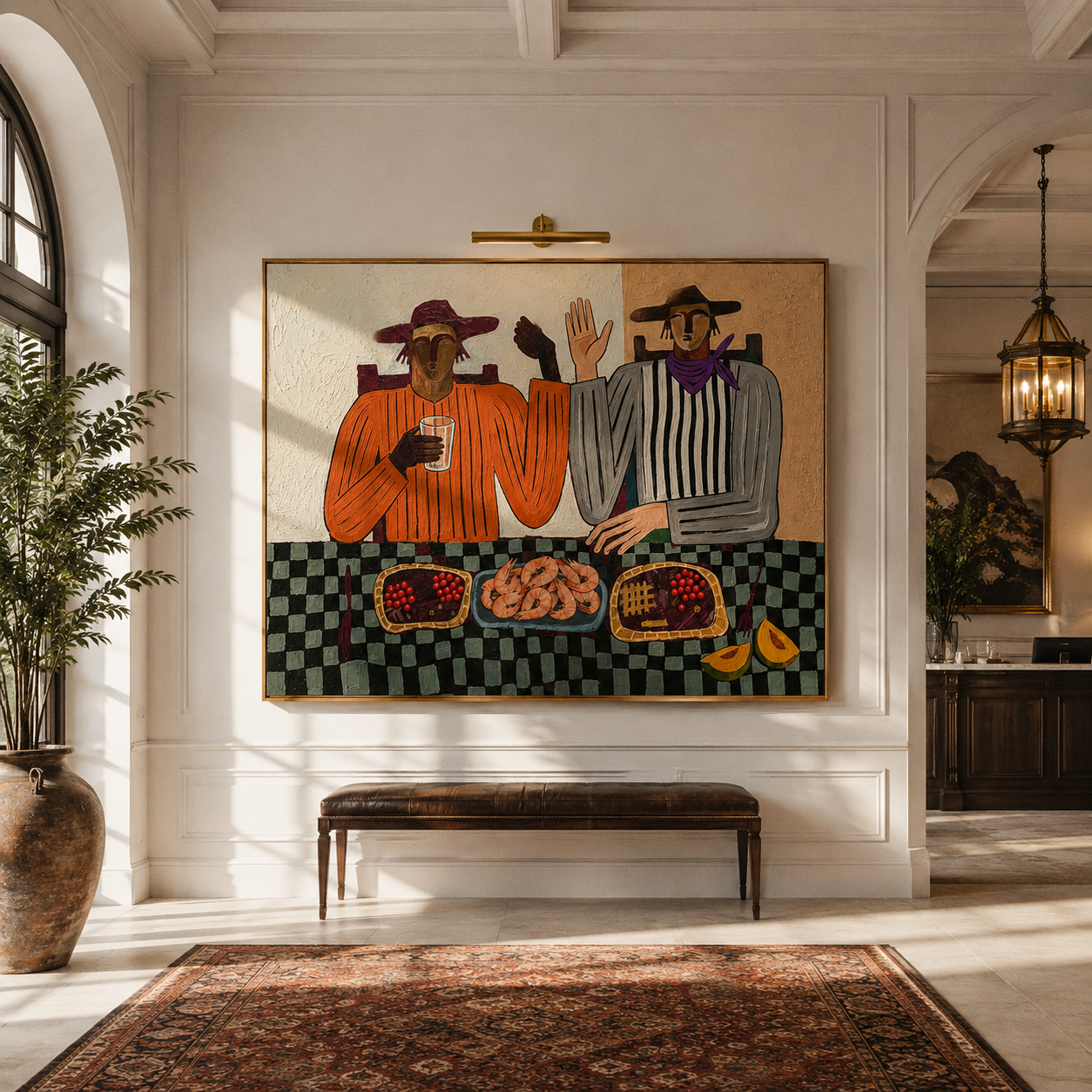 "Dinner Companions" – Modern Heavy Impasto Folk Art | 3D Terracotta & Sage Palette Knife Painting | Luxury Horizontal Wall Art #PE 021