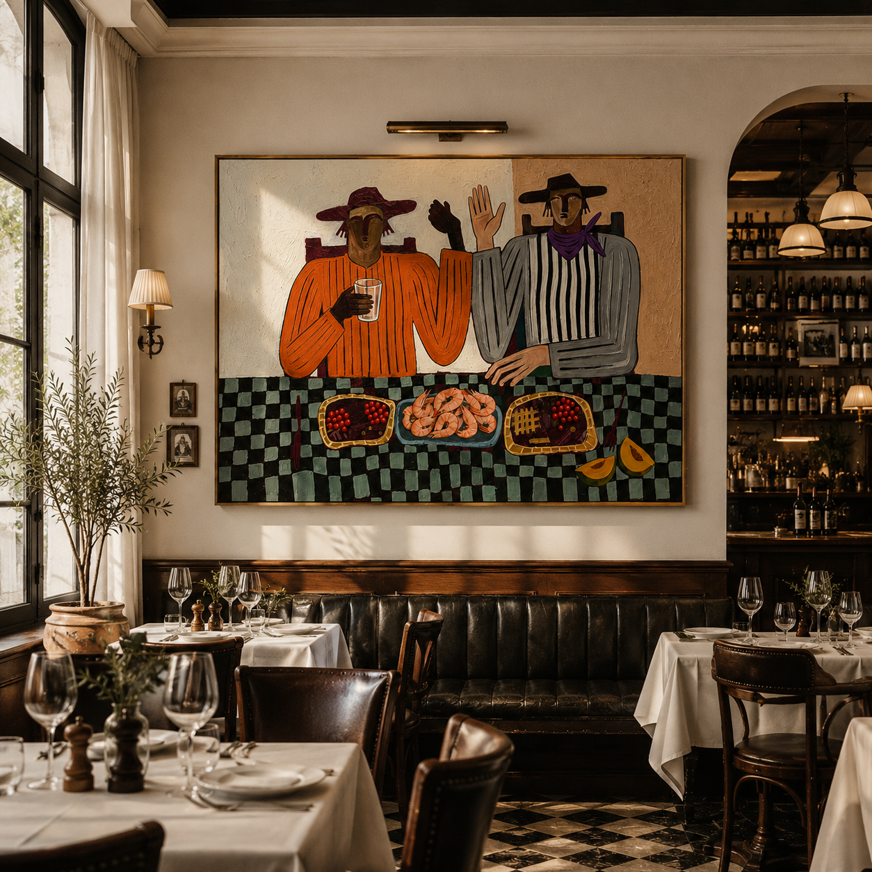 "Dinner Companions" – Modern Heavy Impasto Folk Art | 3D Terracotta & Sage Palette Knife Painting | Luxury Horizontal Wall Art #PE 021