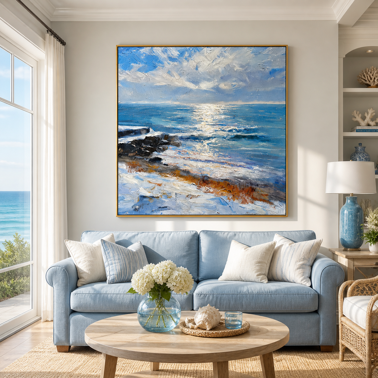 "Glistening Horizon" – Modern 3D Heavy Impasto Coastal Seascape | Sophisticated Ocean Statement Art