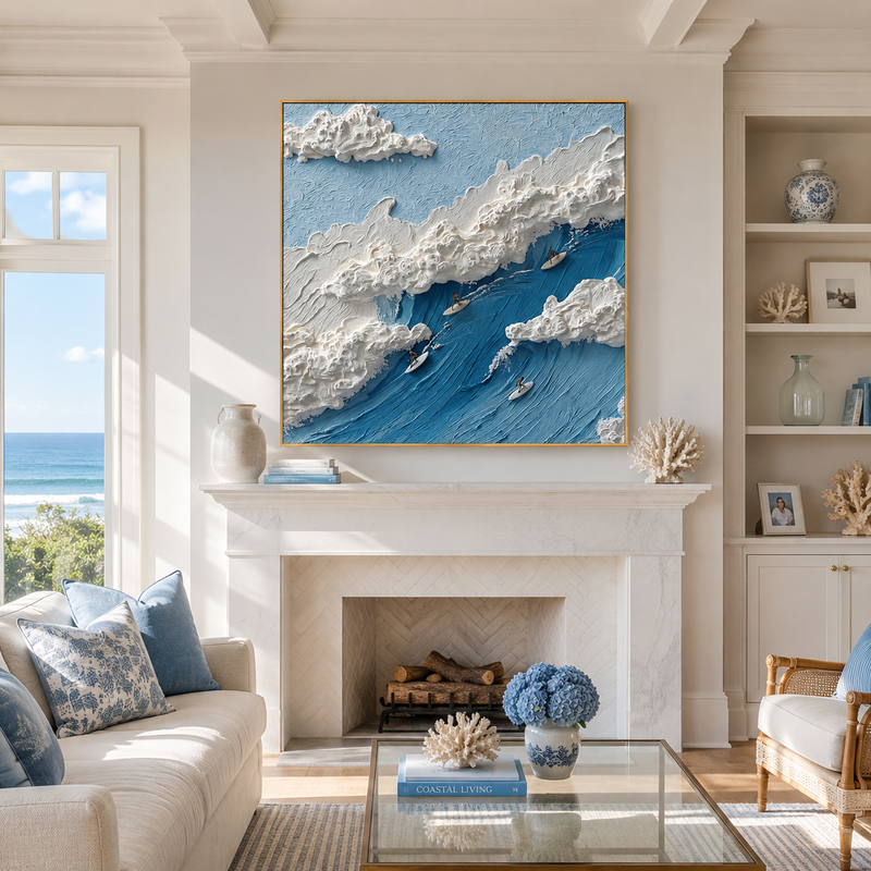 "Infinite Crest" – Modern 3D Heavy Impasto Surfing Relief | Energetic Azure Statement Art