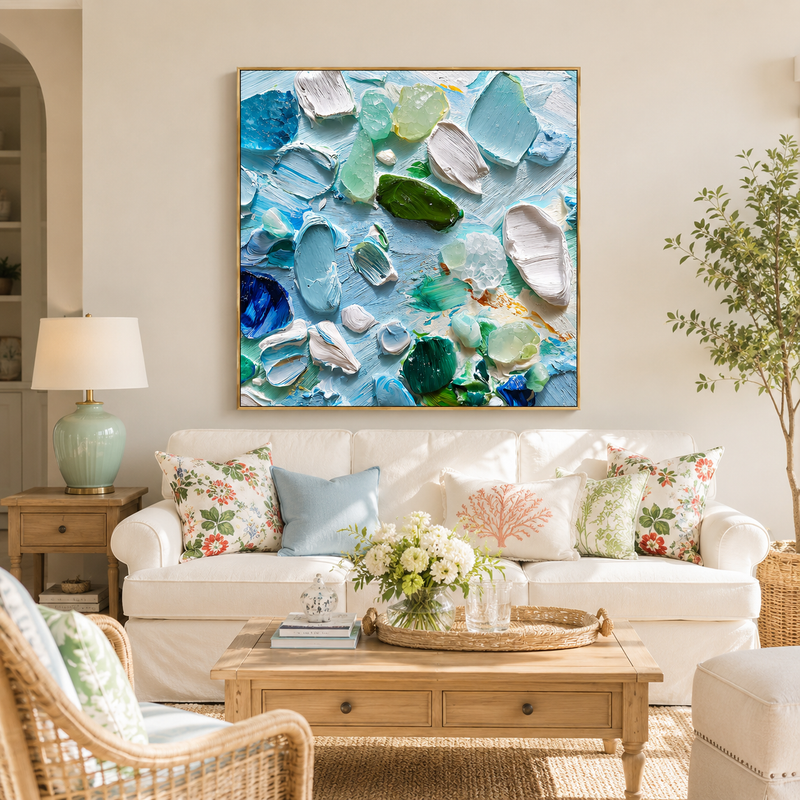 "Tidal Fragments" – Modern 3D Sea Glass Impasto Relief | Refreshing Coastal Mosaic Art