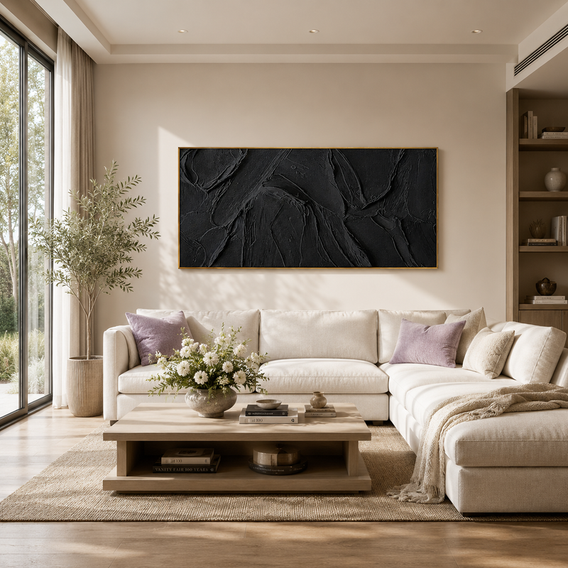 "Noir Tectonic" – 3D Heavy Impasto Black Abstract | Minimalist Sculptural Statement Art