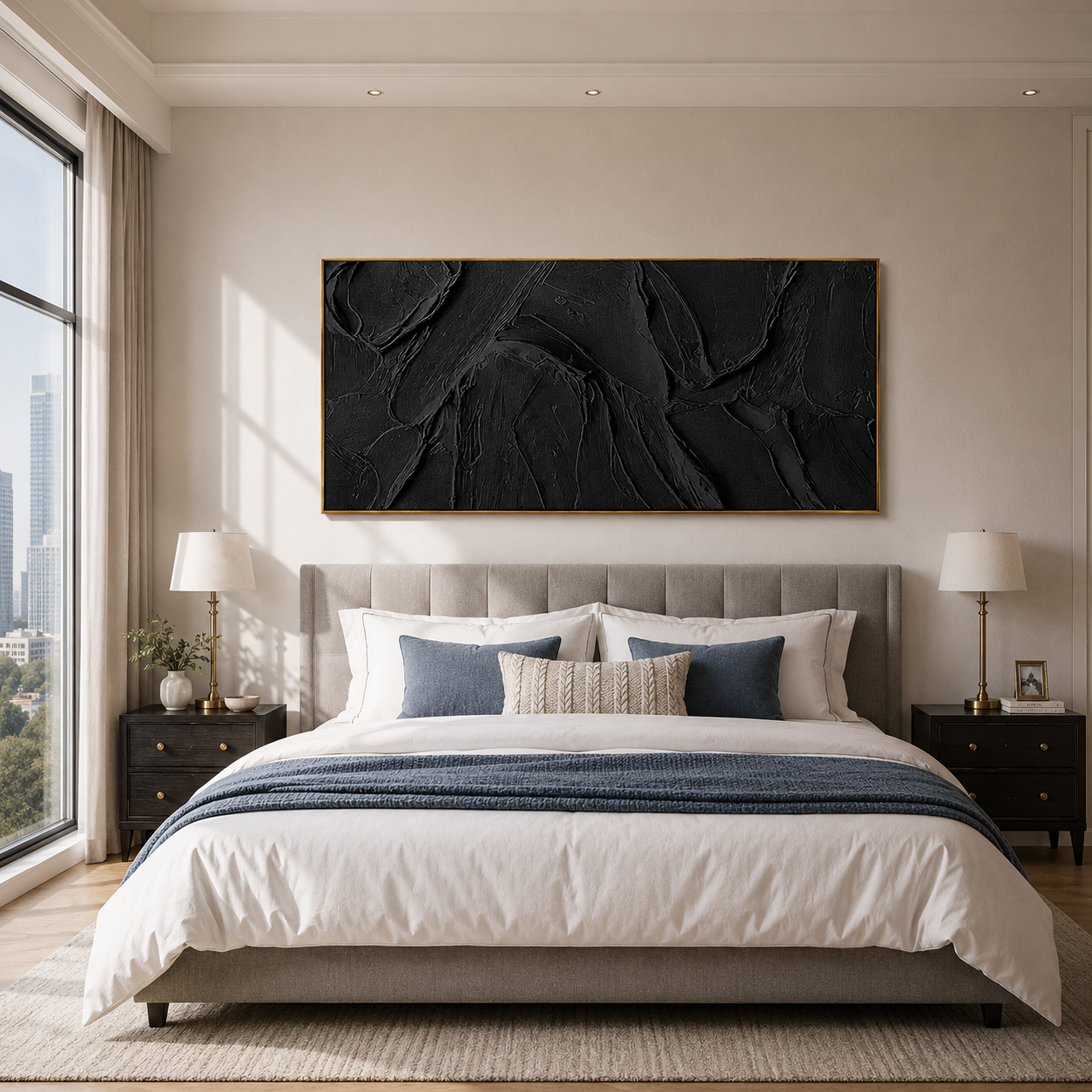"Noir Tectonic" – 3D Heavy Impasto Black Abstract | Minimalist Sculptural Statement Art