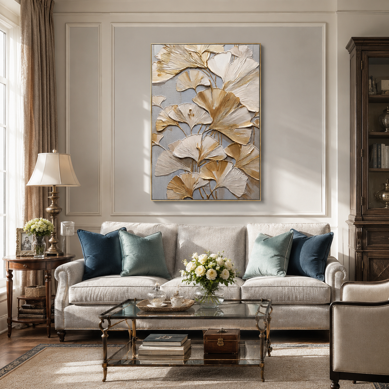"Golden Longevity" – Modern 3D Ginkgo Leaf Relief | Elegant Botanical Statement Art