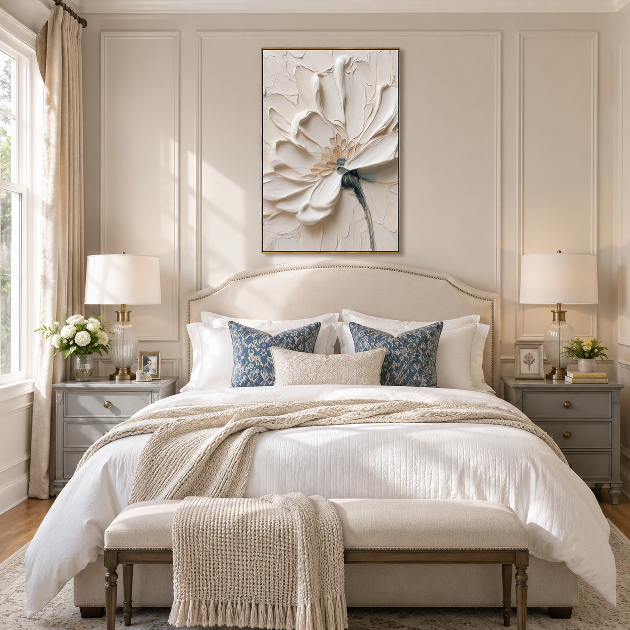 "Alabaster Grace" – Modern 3D Heavy Impasto Botanical Relief | Elegant Floral Statement Art
