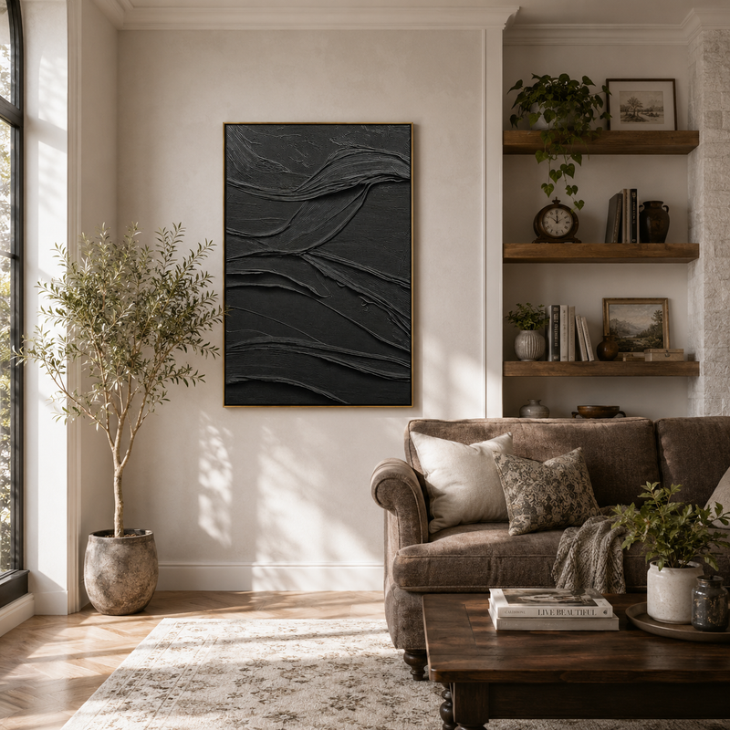 "Obsidian Flow" – Extreme 3D Noir Heavy Impasto | Sculptural Minimalist Statement Art