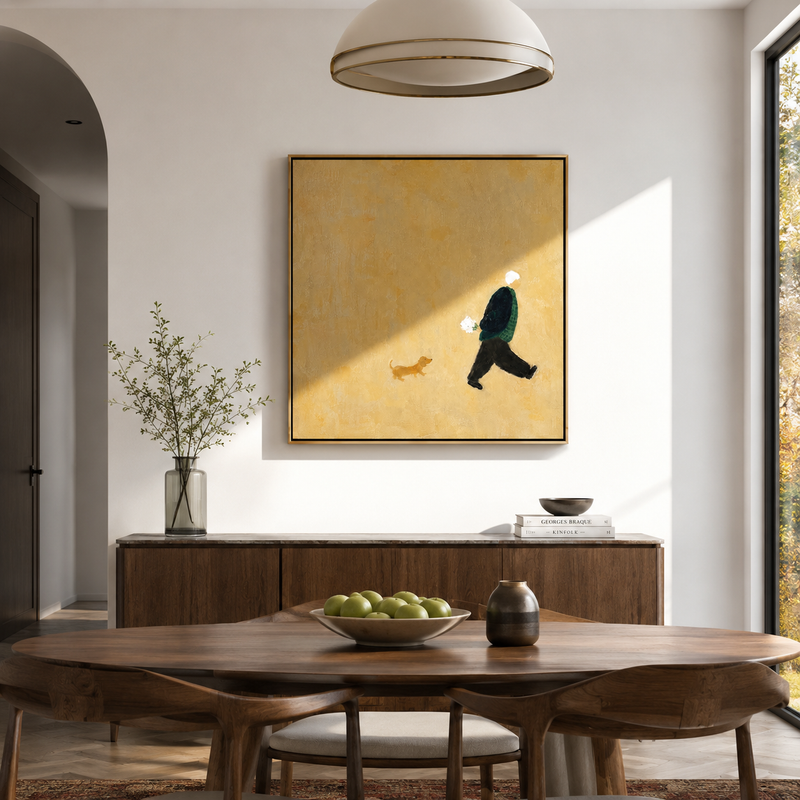 "Little Companion" - Minimalist Figure With Dog | Warm Beige Contemporary Square Art