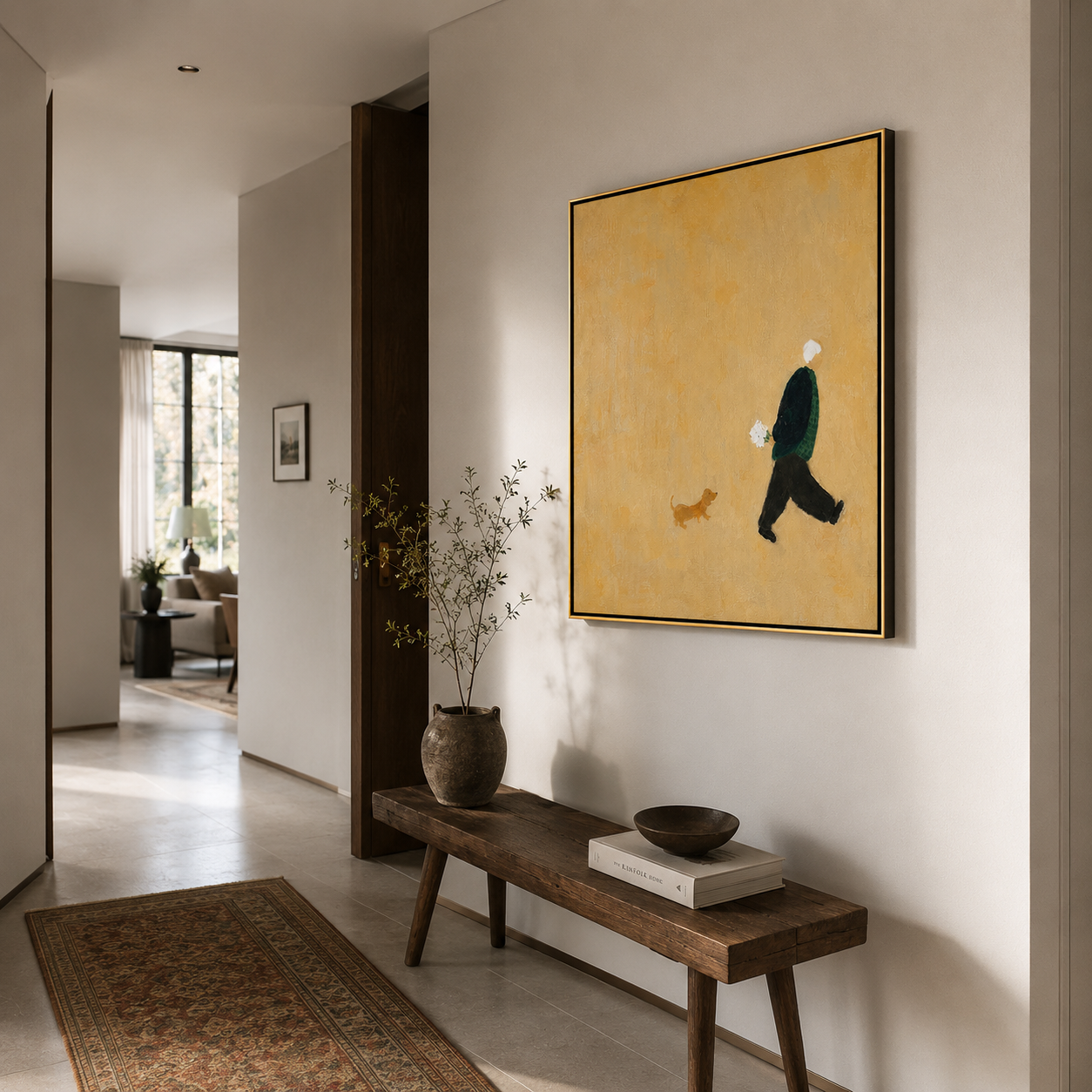 "Little Companion" - Minimalist Figure With Dog | Warm Beige Contemporary Square Art