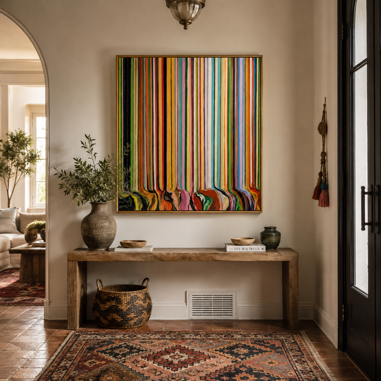 "Chromatic Veil" - Vertical Color Stripe Abstract | Multicolor Drip Statement Art