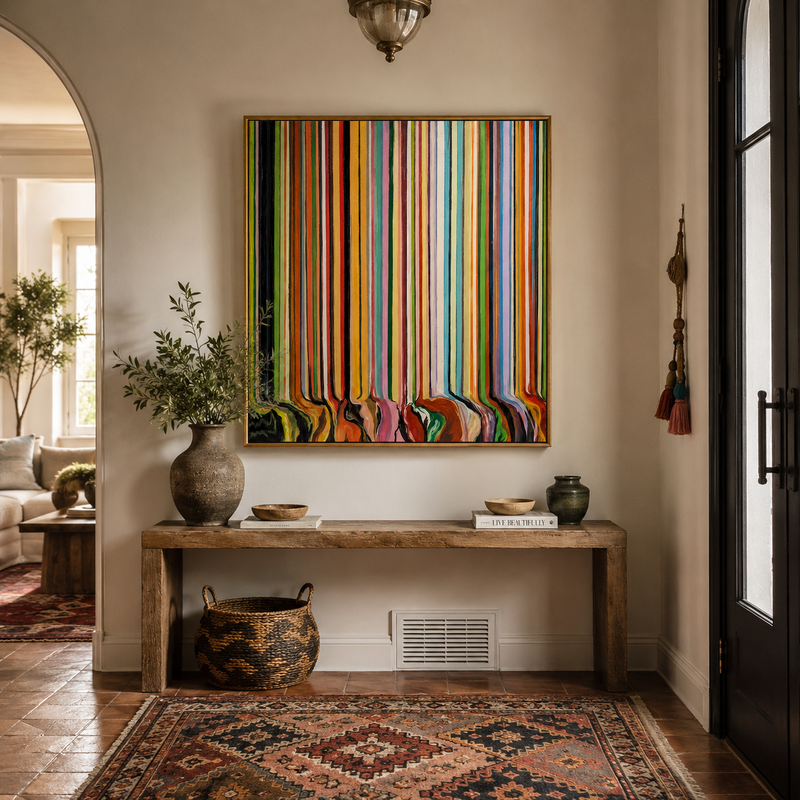"Chromatic Veil" - Vertical Color Stripe Abstract | Multicolor Drip Statement Art