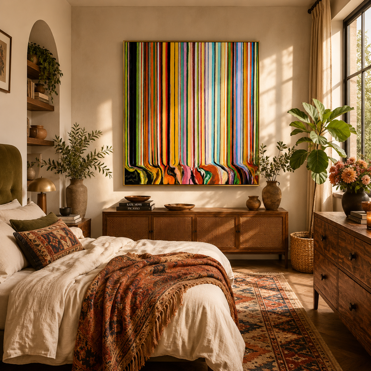 "Chromatic Veil" - Vertical Color Stripe Abstract | Multicolor Drip Statement Art