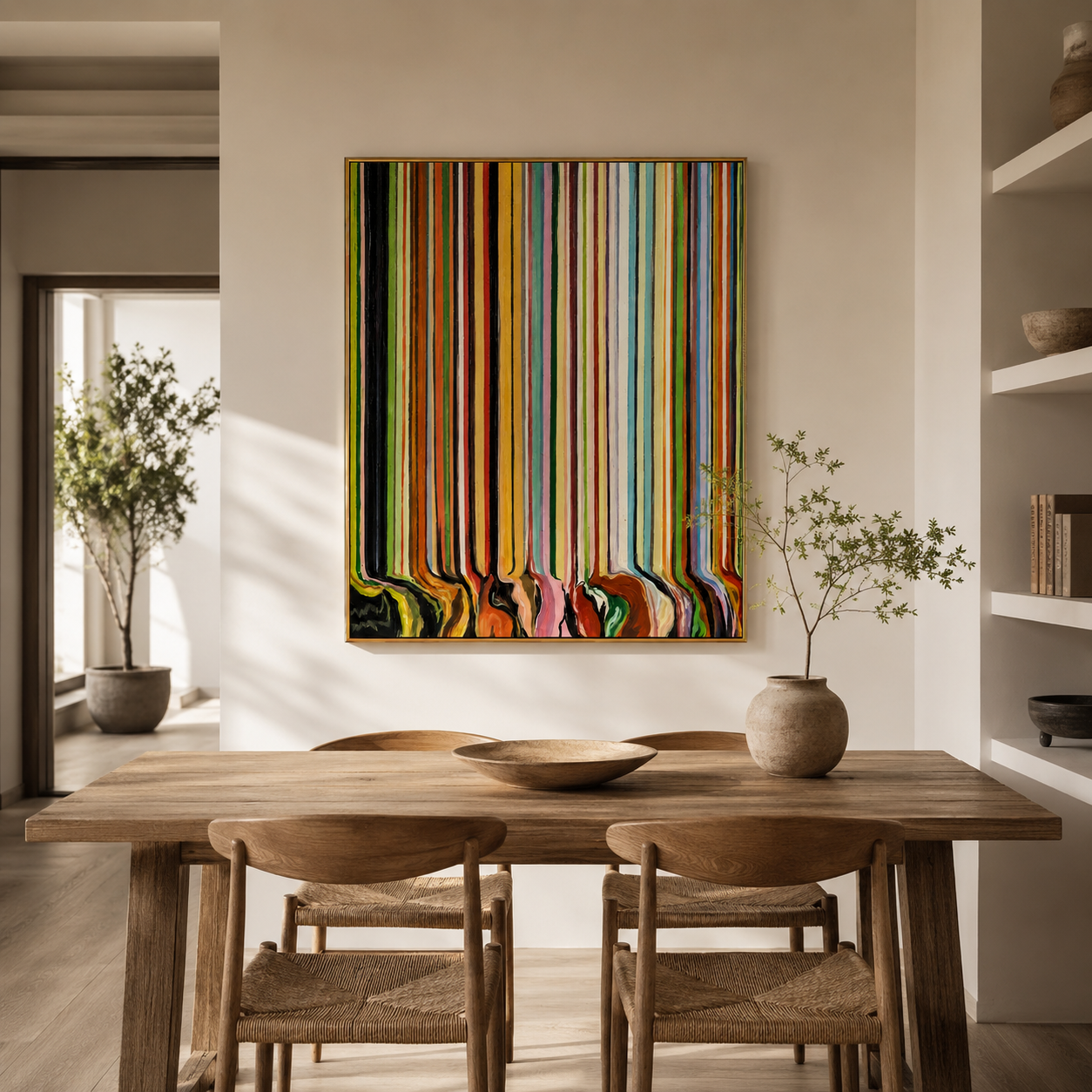 "Chromatic Veil" - Vertical Color Stripe Abstract | Multicolor Drip Statement Art