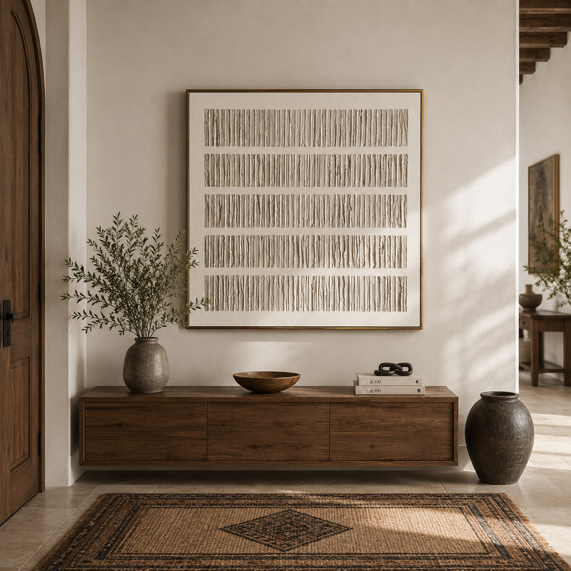 "Quiet Strata" - 3D Minimalist Plaster Line Relief | Ivory White Square Textured Art