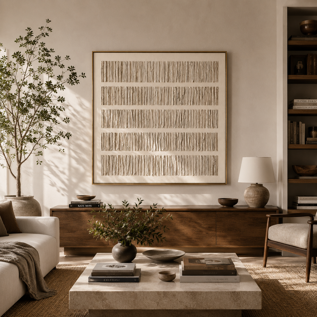 "Quiet Strata" - 3D Minimalist Plaster Line Relief | Ivory White Square Textured Art