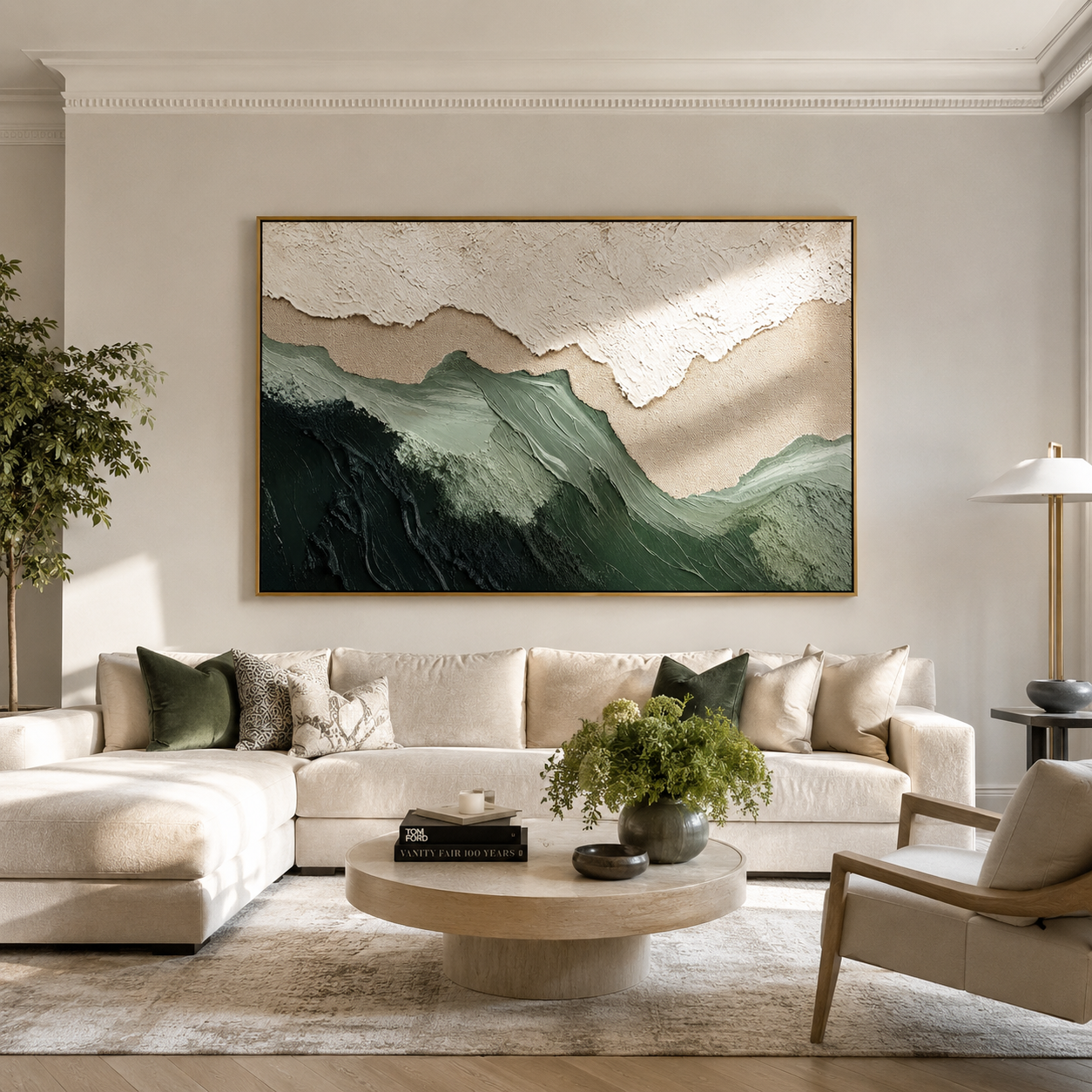 "Sage Ridge" - 3D Wabi-Sabi Mountain Relief | Green Beige & White Textured Landscape Art