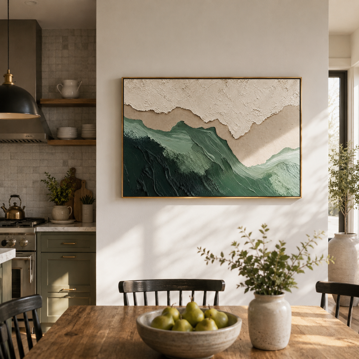 "Sage Ridge" - 3D Wabi-Sabi Mountain Relief | Green Beige & White Textured Landscape Art