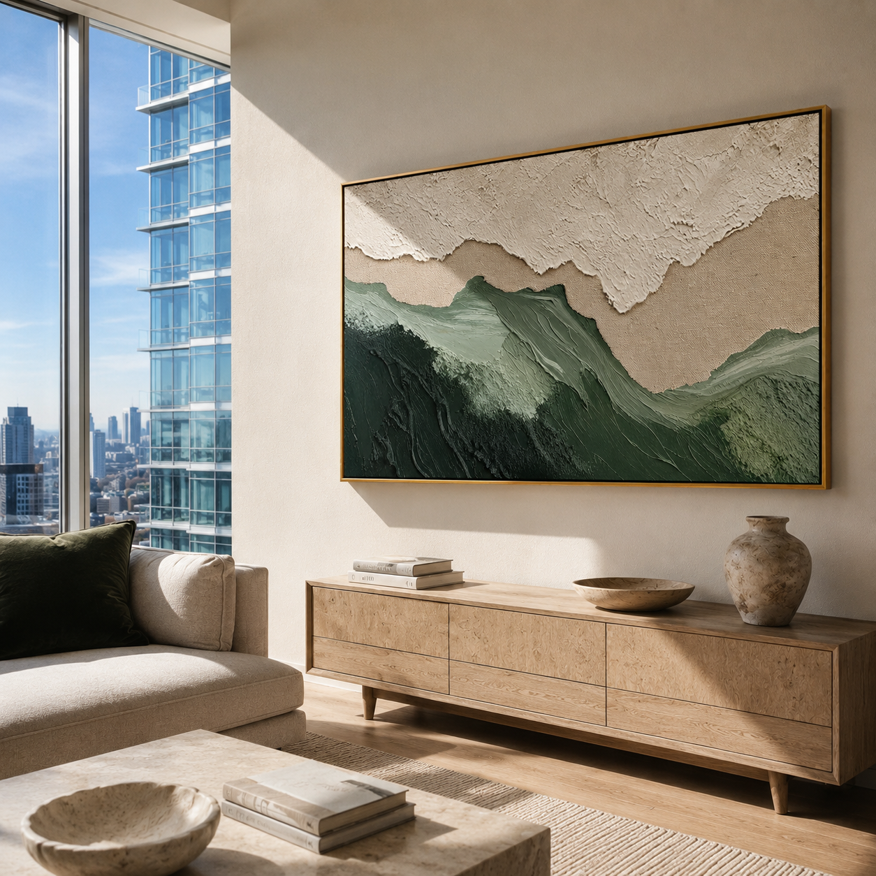 "Sage Ridge" - 3D Wabi-Sabi Mountain Relief | Green Beige & White Textured Landscape Art