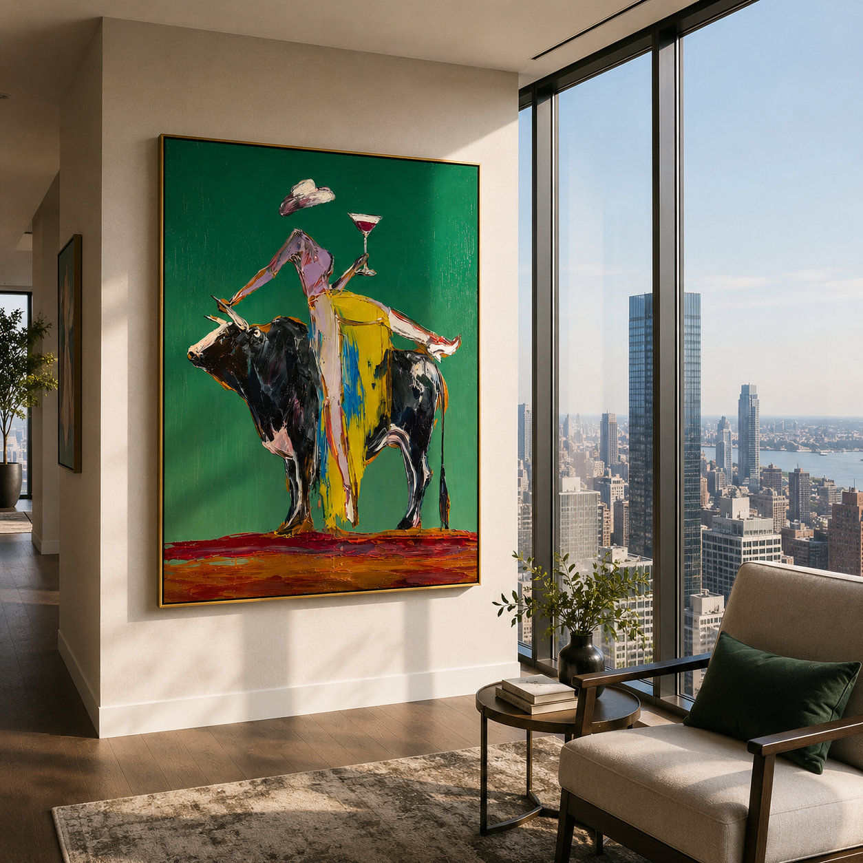 "Golden Reins" - Contemporary Bull Rider Painting | Green Yellow & Black Figurative Wall Art