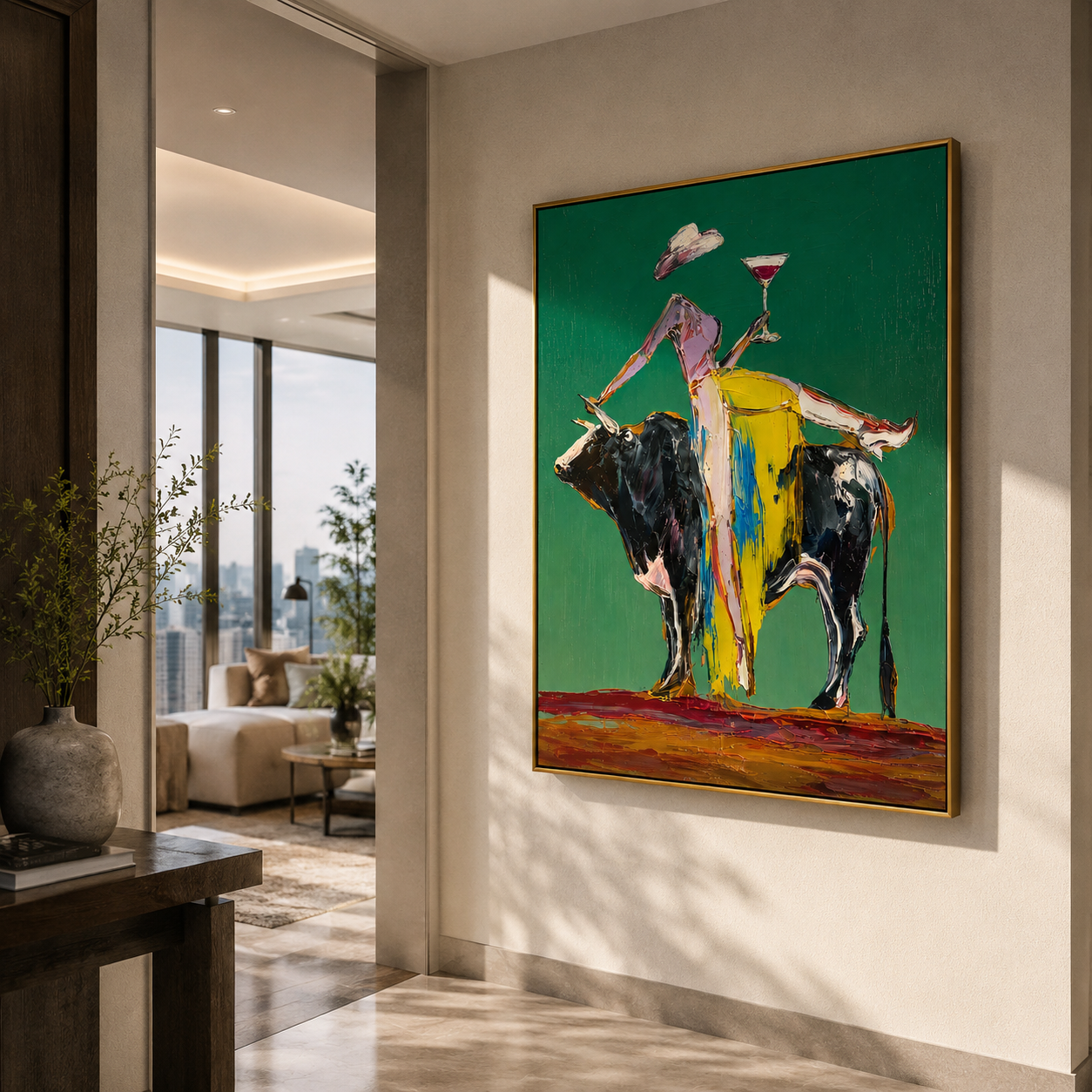 "Golden Reins" - Contemporary Bull Rider Painting | Green Yellow & Black Figurative Wall Art
