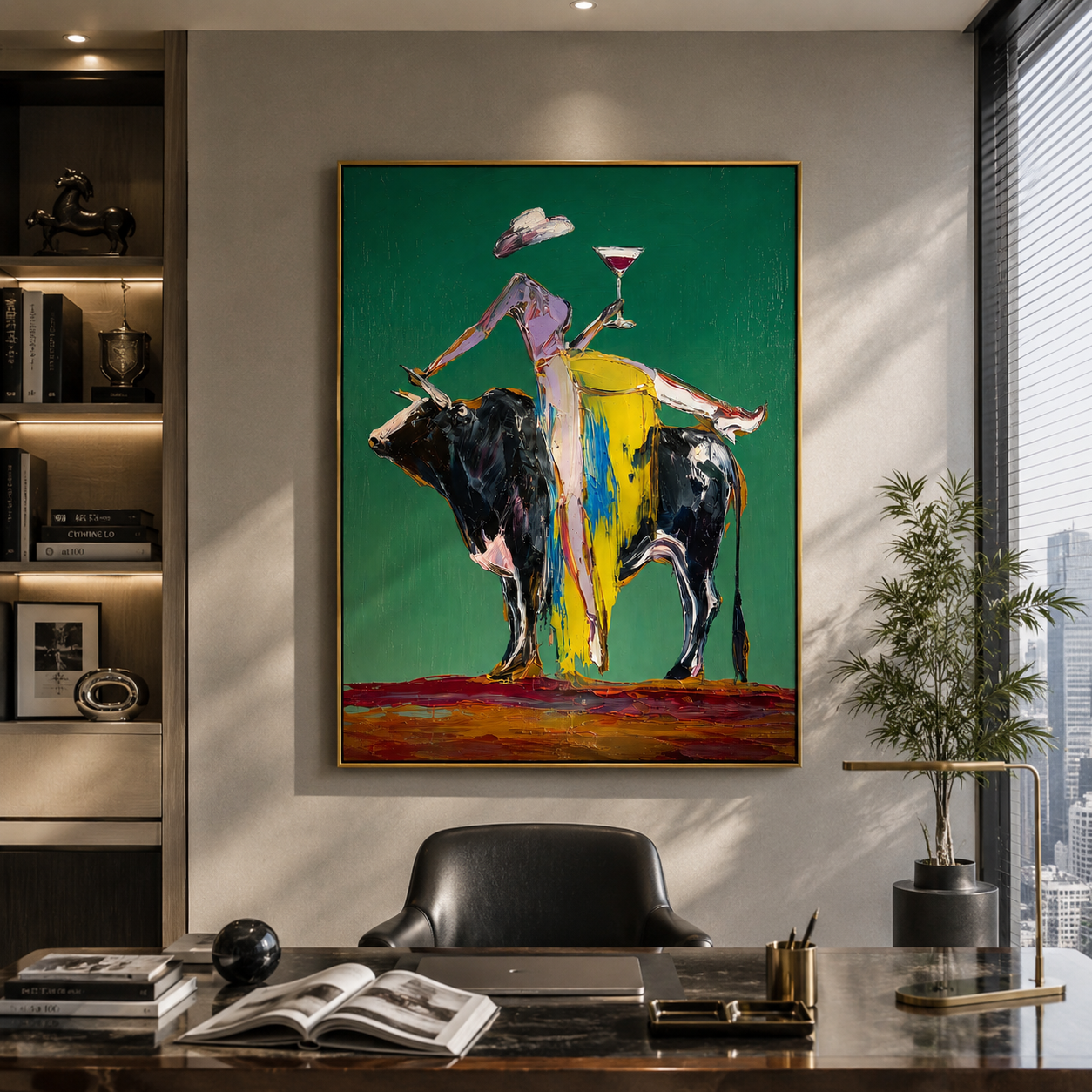 "Golden Reins" - Contemporary Bull Rider Painting | Green Yellow & Black Figurative Wall Art