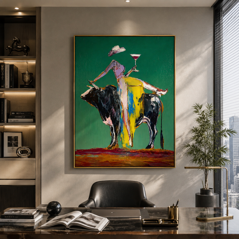 "Golden Reins" - Contemporary Bull Rider Painting | Green Yellow & Black Figurative Wall Art