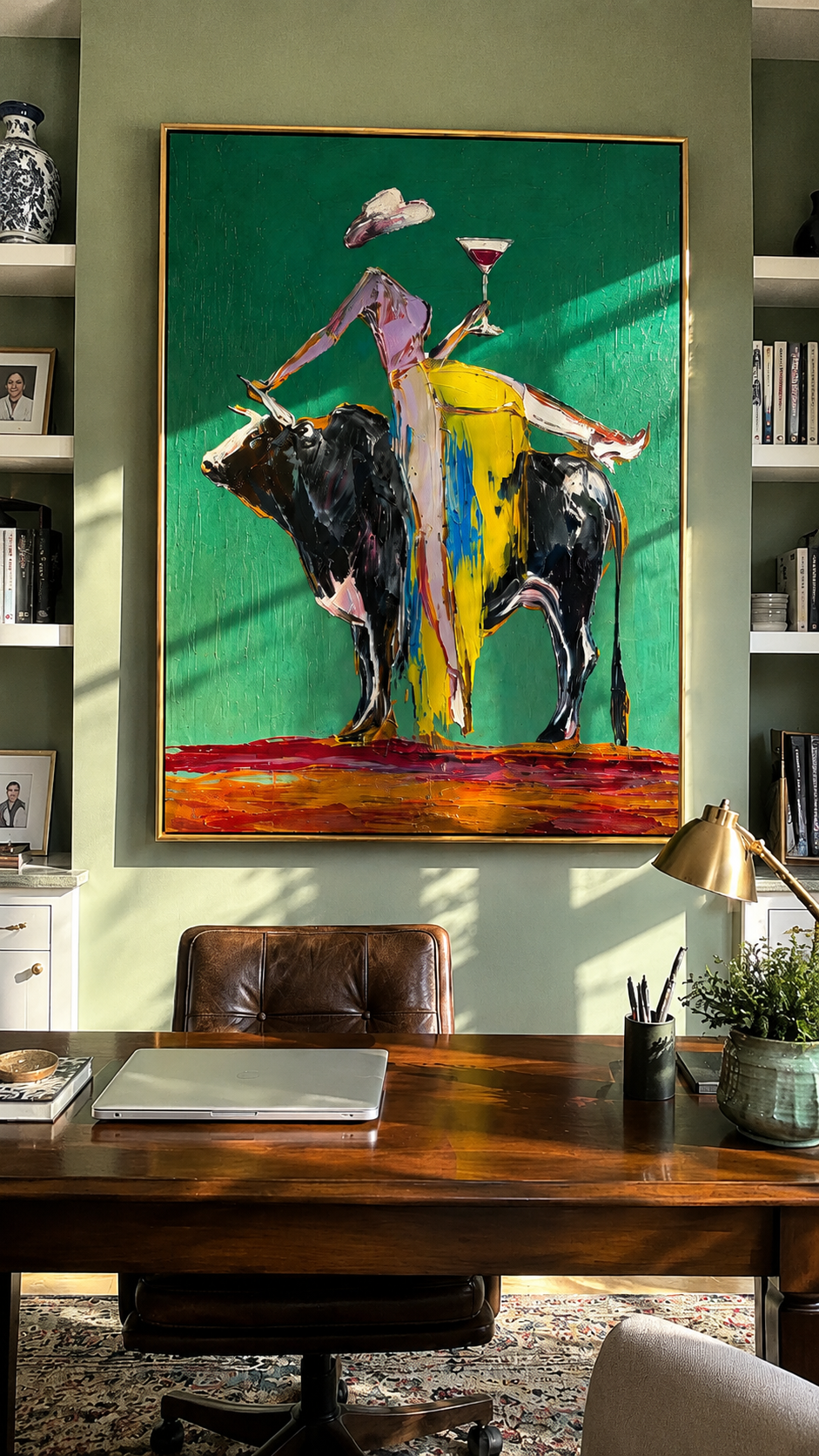 "Golden Reins" - Contemporary Bull Rider Painting | Green Yellow & Black Figurative Wall Art
