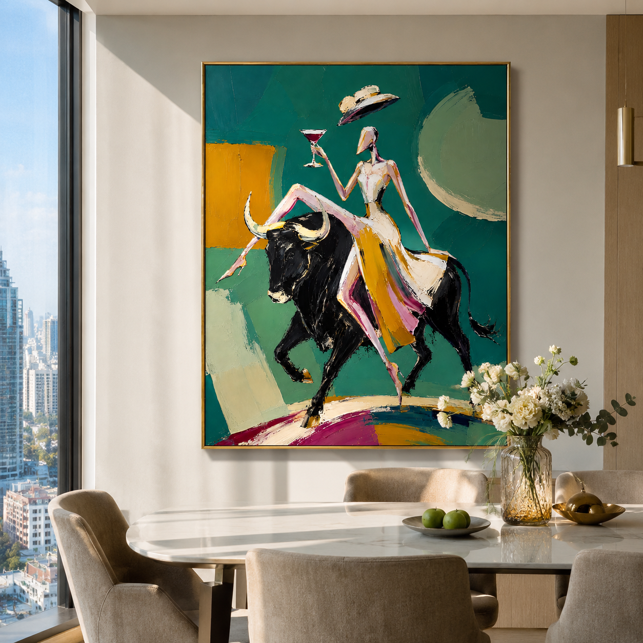 "Emerald Matador" - Contemporary Bull Rider Figurative Art | Green Black & Gold Statement Painting