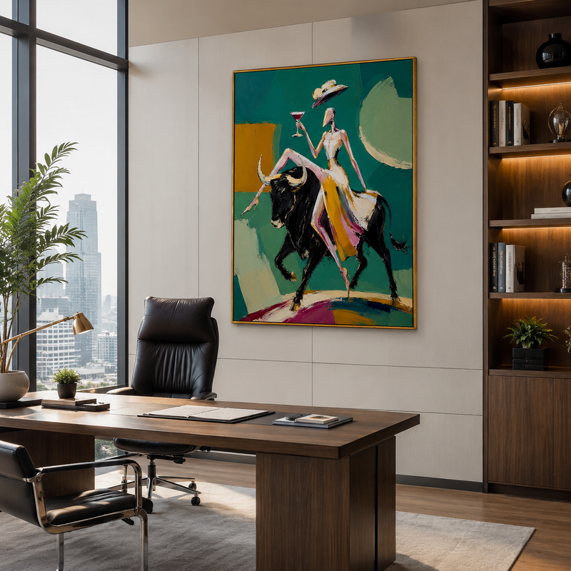 "Emerald Matador" - Contemporary Bull Rider Figurative Art | Green Black & Gold Statement Painting