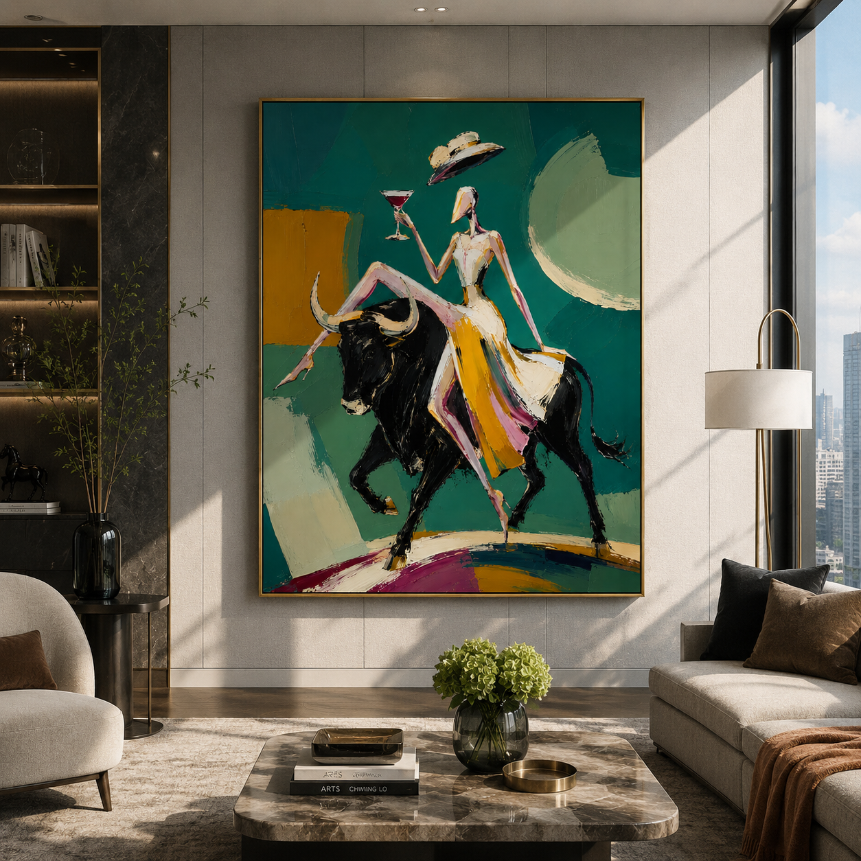 "Emerald Matador" - Contemporary Bull Rider Figurative Art | Green Black & Gold Statement Painting