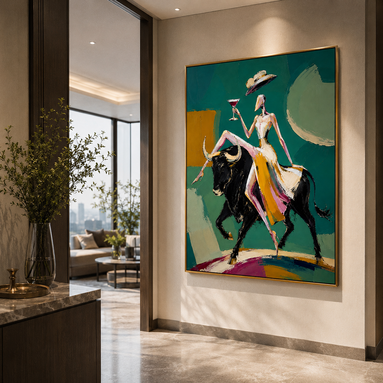 "Emerald Matador" - Contemporary Bull Rider Figurative Art | Green Black & Gold Statement Painting