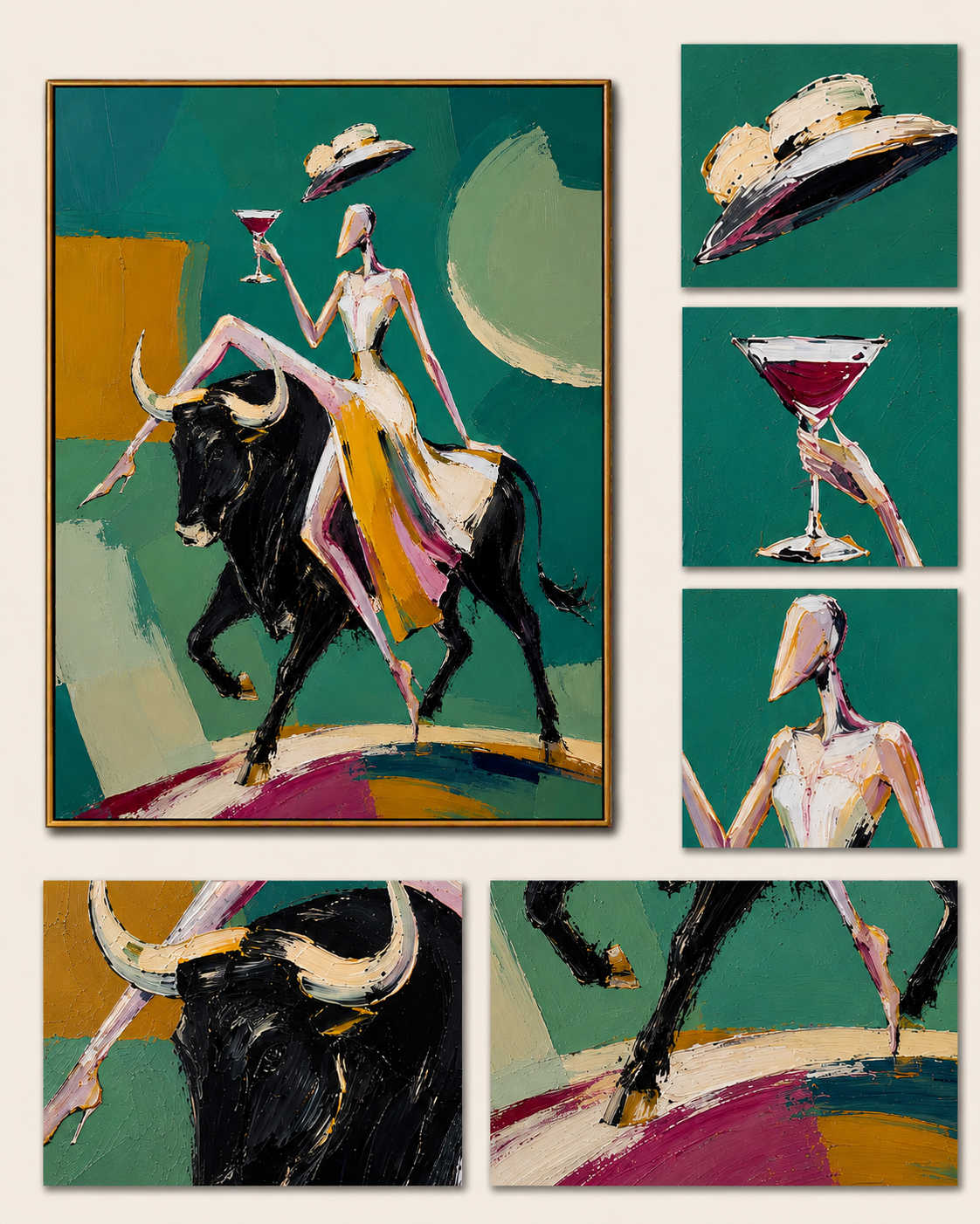 "Emerald Matador" - Contemporary Bull Rider Figurative Art | Green Black & Gold Statement Painting