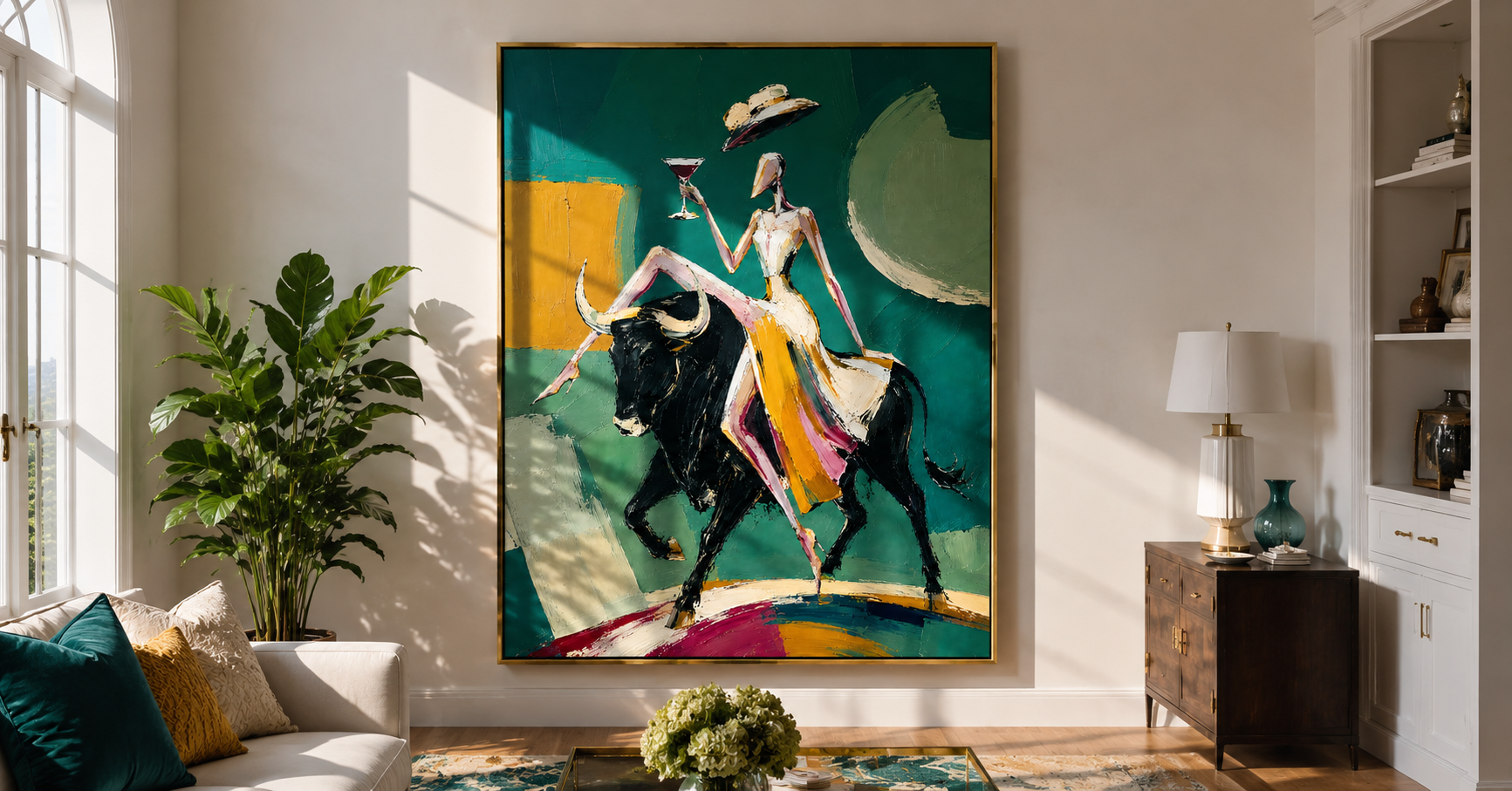"Emerald Matador" - Contemporary Bull Rider Figurative Art | Green Black & Gold Statement Painting