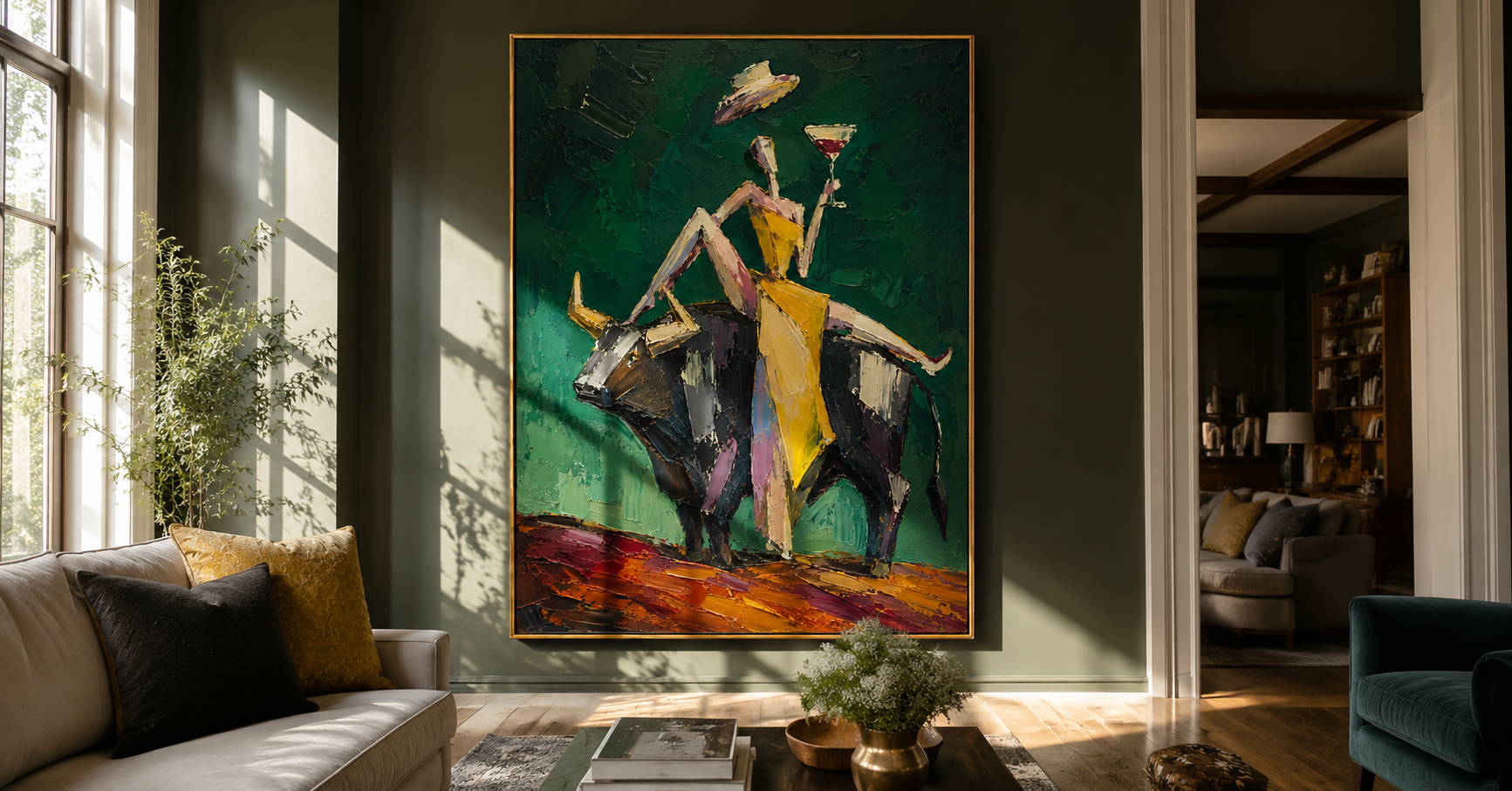 "Cabaret Bull" - Contemporary Figurative Bull Painting | Deep Green Yellow & Black Statement Art