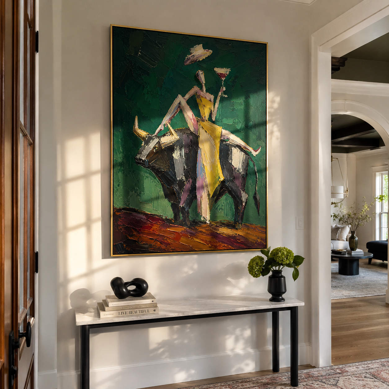 "Cabaret Bull" - Contemporary Figurative Bull Painting | Deep Green Yellow & Black Statement Art