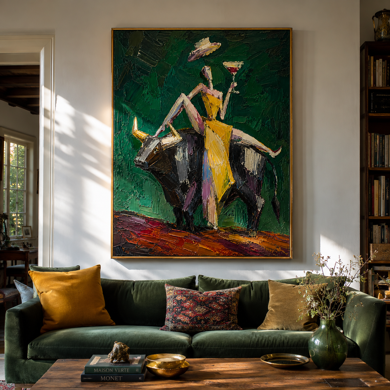 "Cabaret Bull" - Contemporary Figurative Bull Painting | Deep Green Yellow & Black Statement Art