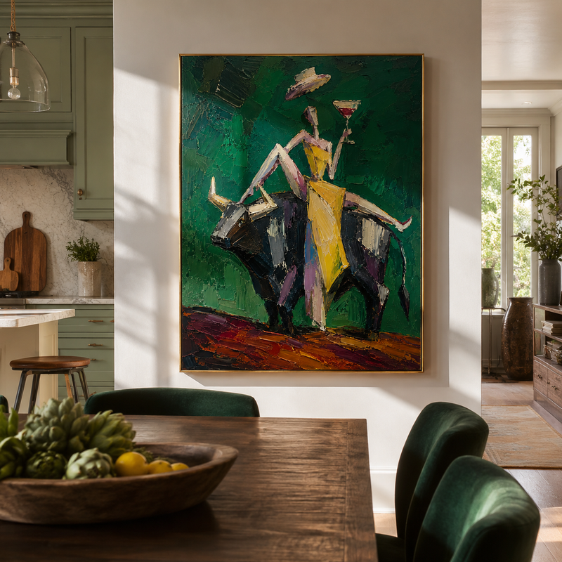 "Cabaret Bull" - Contemporary Figurative Bull Painting | Deep Green Yellow & Black Statement Art