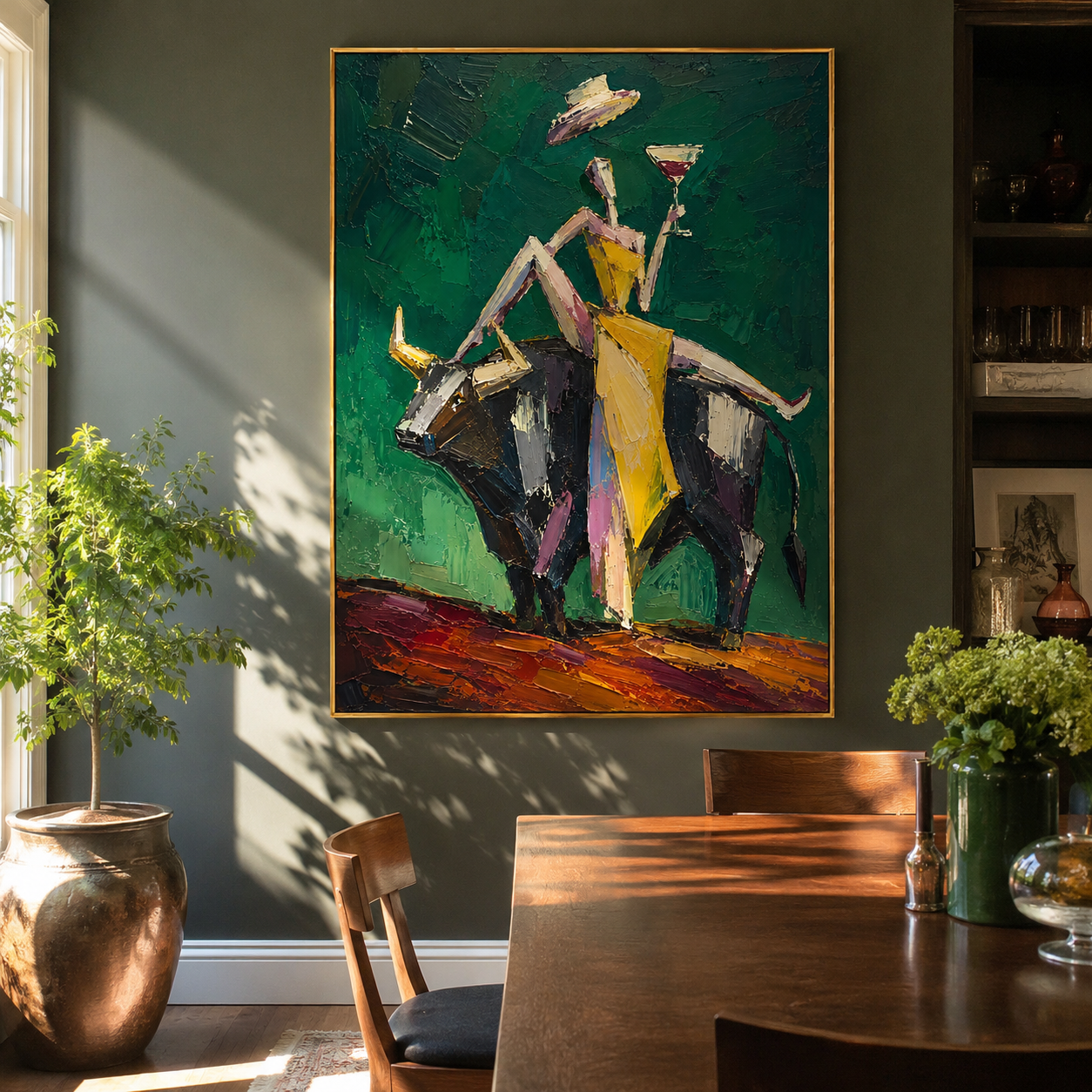 "Cabaret Bull" - Contemporary Figurative Bull Painting | Deep Green Yellow & Black Statement Art