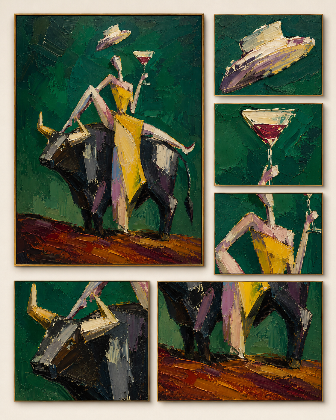"Cabaret Bull" - Contemporary Figurative Bull Painting | Deep Green Yellow & Black Statement Art