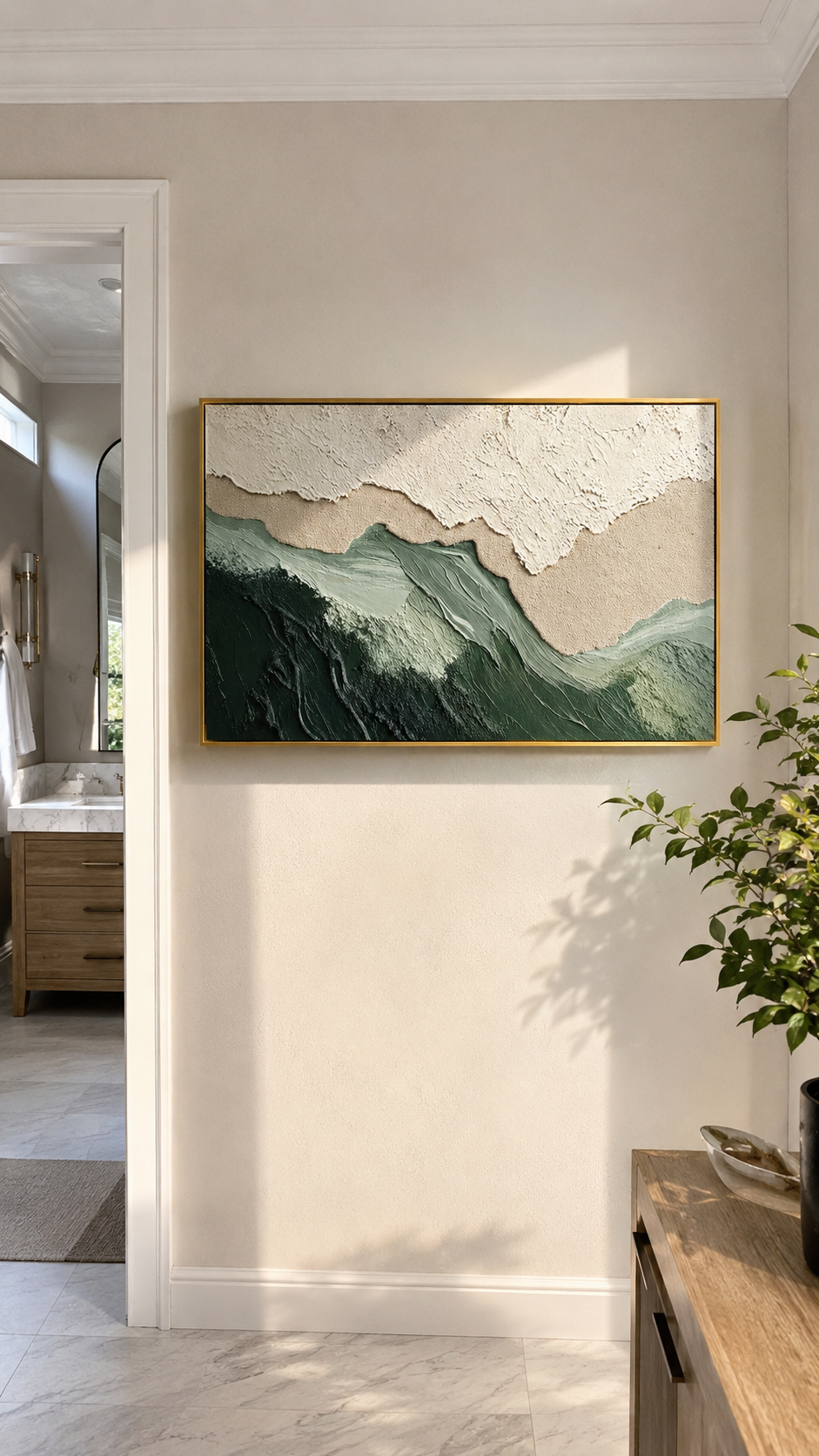 "Sage Ridge" - 3D Wabi-Sabi Mountain Relief | Green Beige & White Textured Landscape Art